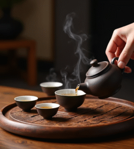 a traditional chinese tea ceremony setup with a gongfu cha tea tray small yixing clay teapot and ti r0n0keebutnus98x7tt1 1 A1aB823keztXj8b1