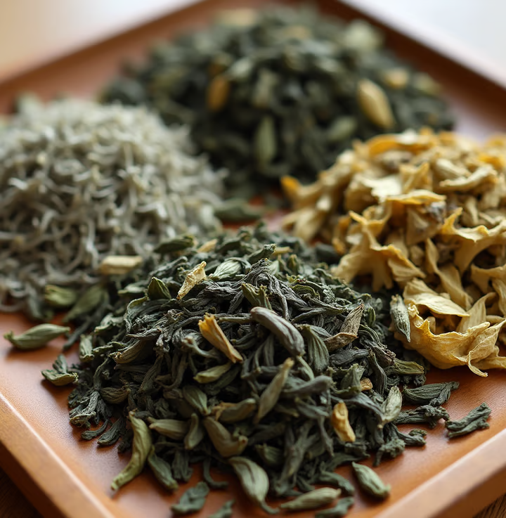close up of four types of dried tea leaves  bai hao yin zhen silver needles bai mu dan white leaves oedaz91aw4mshs0b1sxj 2 AR0Mv4jG8OiZkDD2