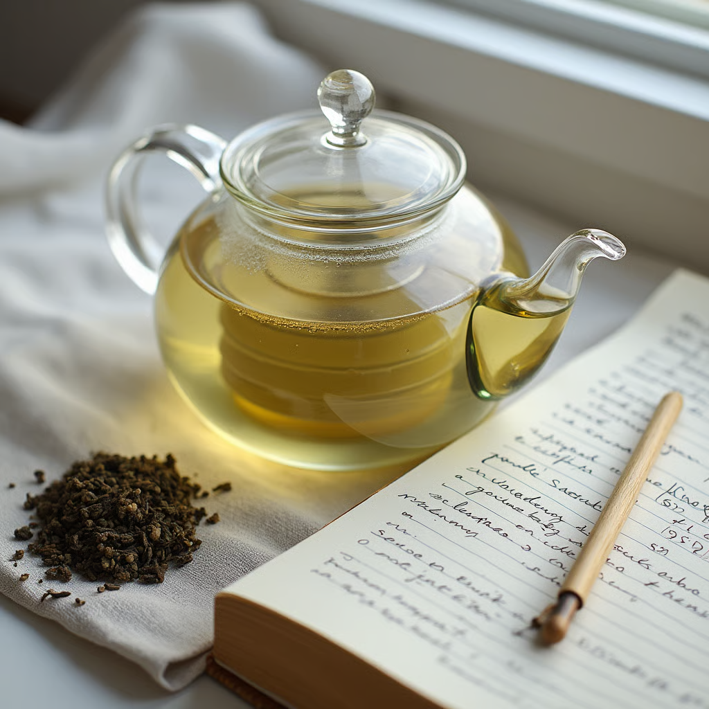 glass teapot with white tea infusion on a linen cloth next to loose tea leaves and a notebook with  3w7309sszjiziaofkcod 1 A1aPjRnKxvU3zbaZ