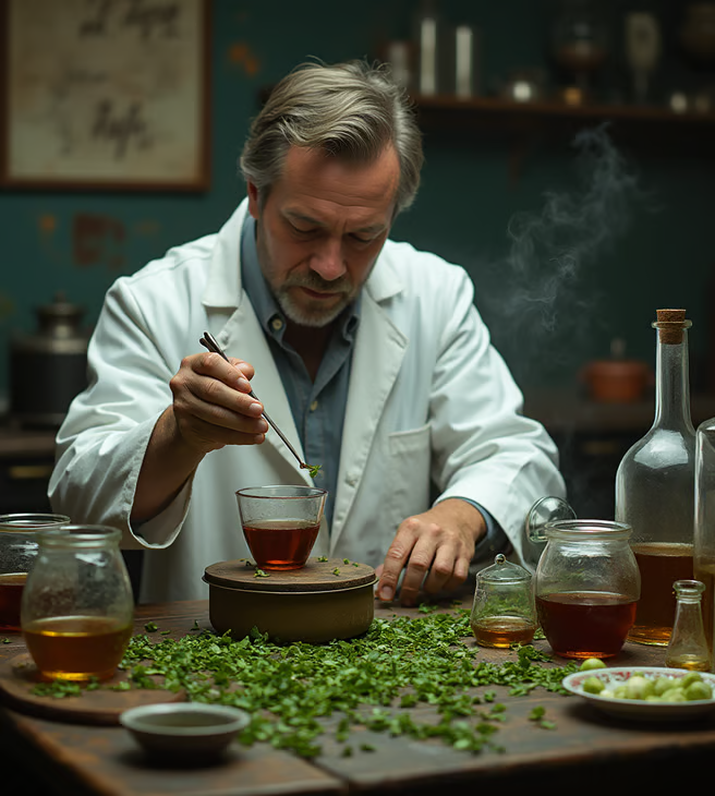 mad scientist from cooking tea in chemical falasks chemical equipment tea leaves on the table 3i47r6oq75vfb41pfqwv 0 ALp7g3qQGPu9XWBN