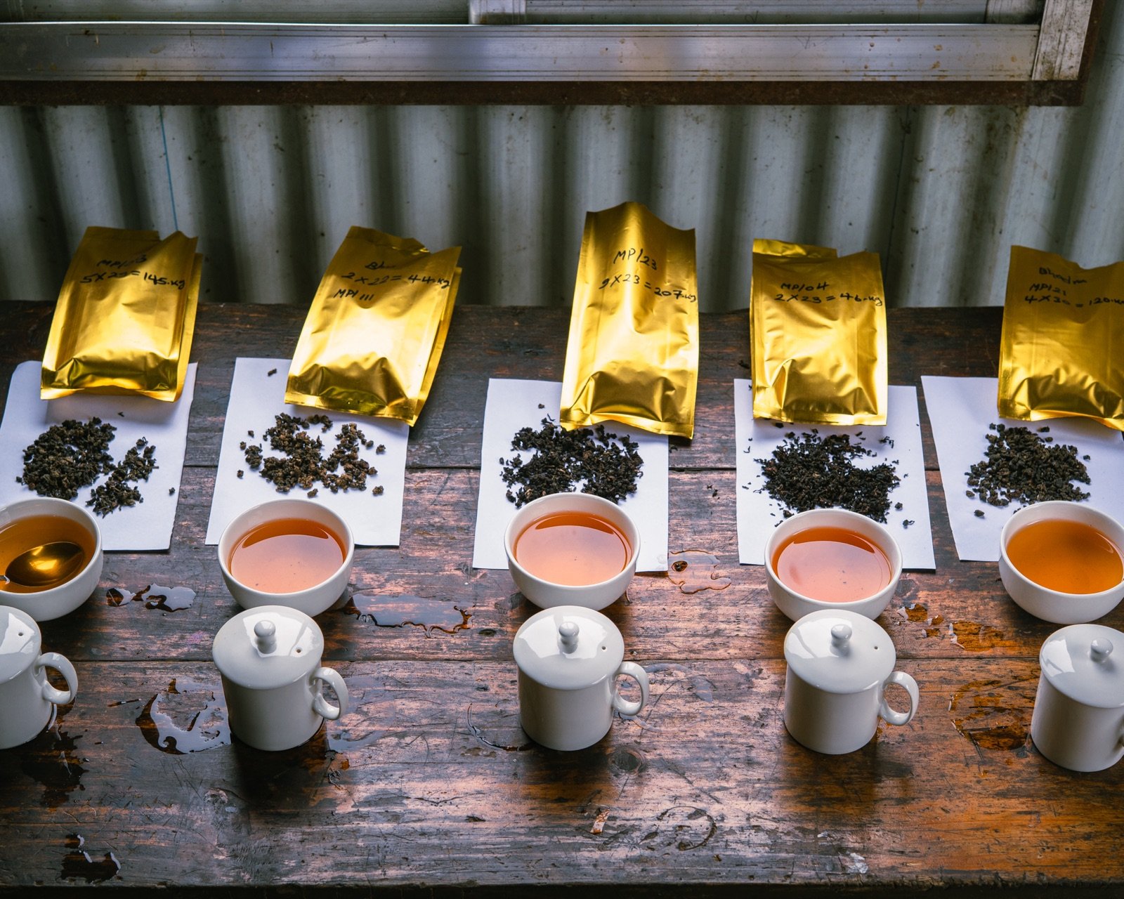 Cupping oolongów z Mai Pokhari — próbki liści i naparów