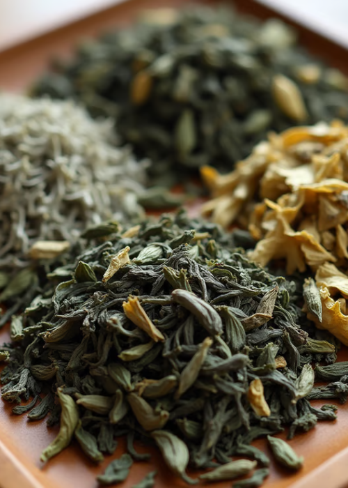 close up of four types of dried tea leaves  bai hao yin zhen silver needles bai mu dan white leaves oedaz91aw4mshs0b1sxj 2 AR0Mv4jG8OiZkDD2